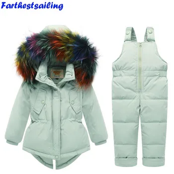 

Russia Winter Kids Snowsuit Girls Jacket+Jumpsuit Baby White Duck Down Overall Children Real Raccoon Fur Hooded Boys Ski Suit