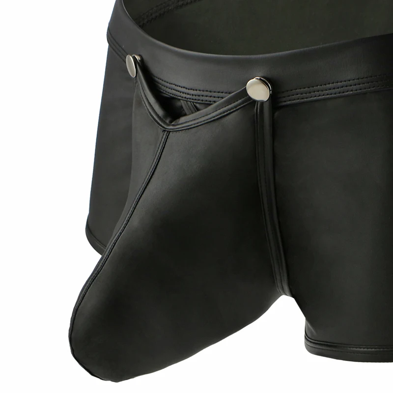 Men Boxer Shorts Gay Big Penis Bag Underwear Sexy Low Waist Patent Leather Buttons Erotic Boxer Cueca U Convex Underpants Shorts 6