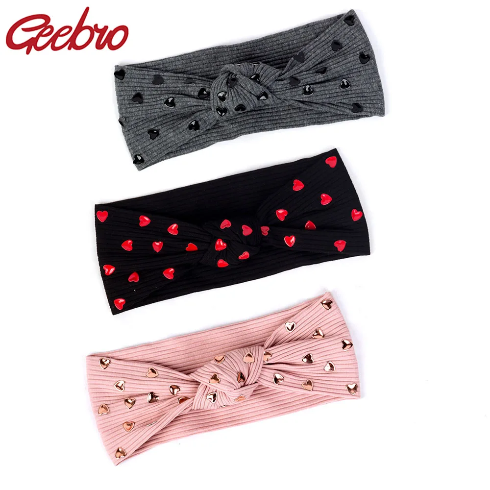 

Geebro Women Summer Soft Heart sequins Knotted Head Bands Elastic cotton Ribbed Hairbands Turban For Ladies hair Accessories