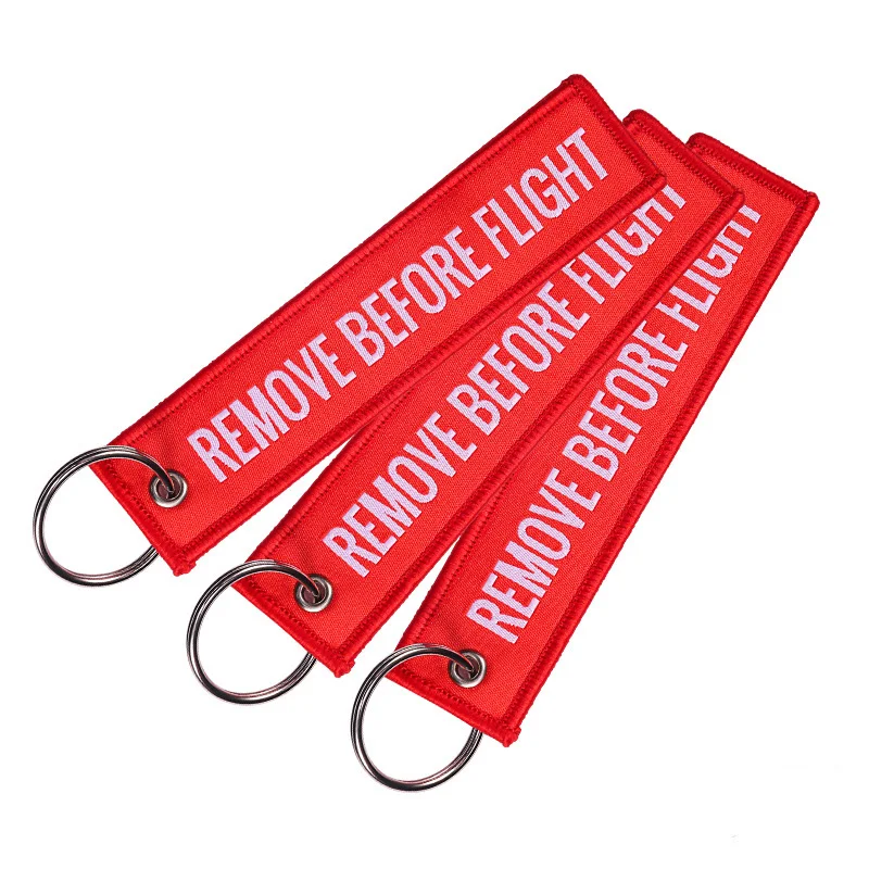 13*3CM Fashion Remove Before Flight Tags Keychain Keyring Rectangle Polyester Embroidery Message Multicolor