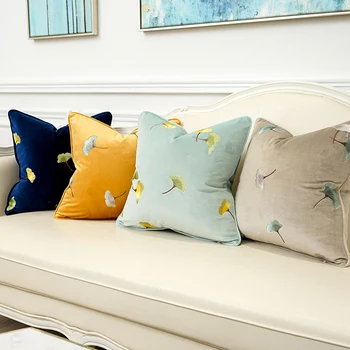 

DUNXDECO Cushion Cover Decorative Pillow Case Simple Gingko Leaf Embroidery Soft Velvet Bedding Coussin Artistic Decorating
