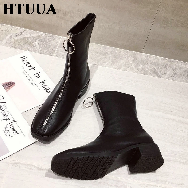 HTUUA/Брендовые женские ботинки новые модные полусапожки до середины икры с молнией спереди и квадратным каблуком осенне-зимняя обувь черного и бежевого цвета женская обувь SX3351