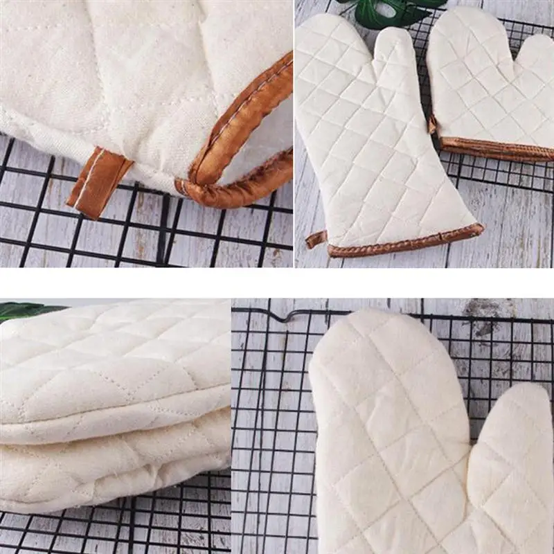 2pcs White Cotton Cloth Non-slip Heat Resistant Gloves Kitchen Oven Mitt Cooking Tools for Home Restaurant