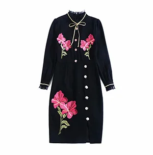 Svoryxiu Подиум дизайнерское осеннее зимнее платье с вышивкой женское с длинным рукавом с бисером однобортное модное черное платье с разрезом - Цвет: Черный