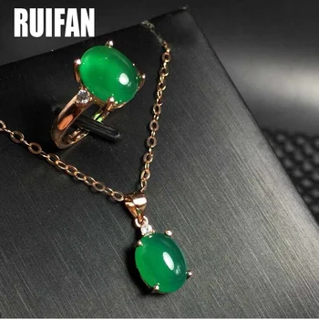 

Ruifan Natural Gemstone Green Chalcedony Women 925 Sterling Silver Jewelry Set Wedding Ring/Necklace Sets Box Chain YJS042