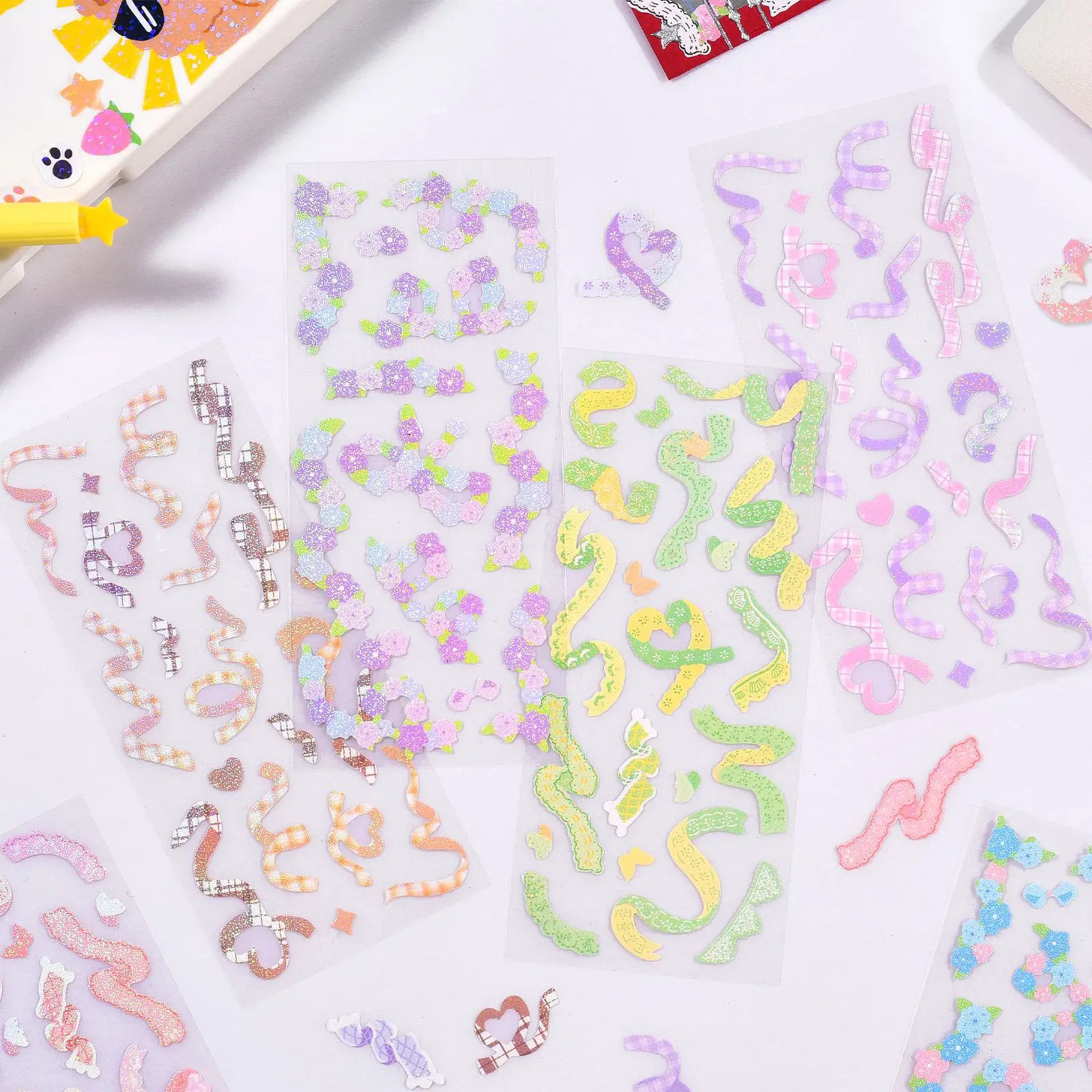 1 Sheet Romantic Colored Glitter Laser Ribbon Flower Decorative Stickers for Art Craft Card Making Scrapbook Journal Photo Album