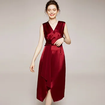 

Summer 2020 New Women's Fitted V-neck Mid-length Dress Sleeveless Solid Color Asymmetrical Skirt Zipper 30-34 Years Old Wild