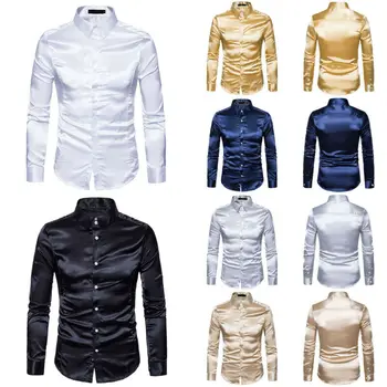 

2019 Autumn New Fashion Men's Silk Satin Long Sleeve Shirt Ruffled Vintage Button Wedding Tuxedo Dress Solid Shirts