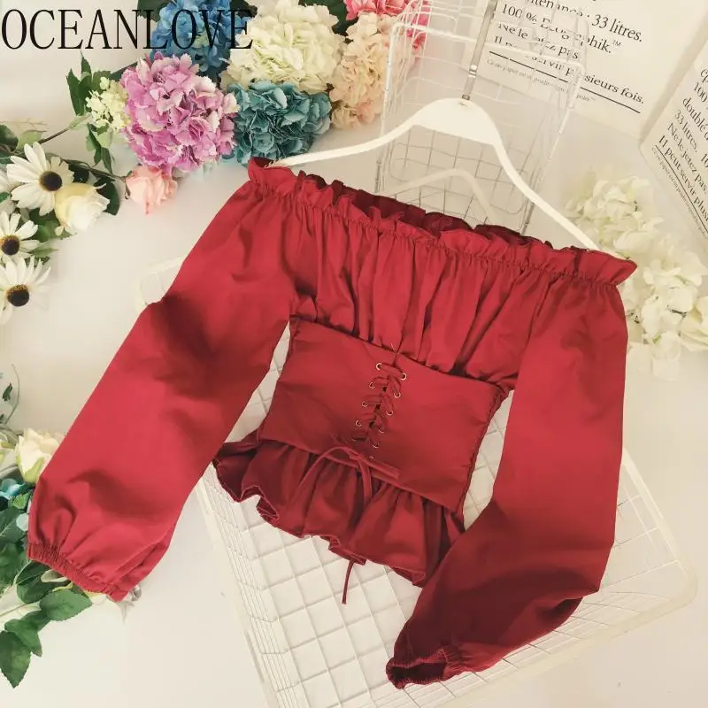 

OCEANLOVE Off Shoulder Sexy Women Shirts 2020 Spring Summer Short Bandage Blouses Solid Ruffles Fashion Blusas Mujer 13628