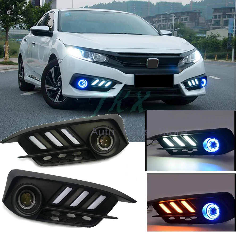 Car modification Car accessories White / Amber LED DRL COB Angel Eyes Fog Lights For Honda Civic Sedan