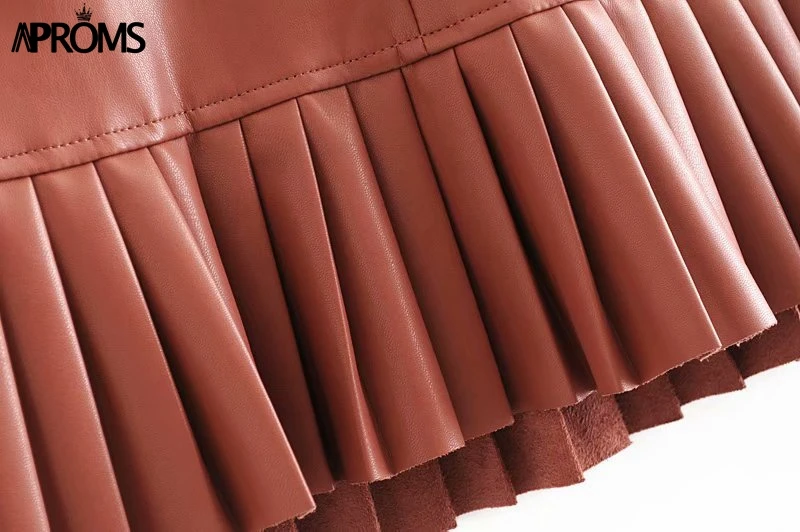 Aproms Vintage PU Leather High Waist Skirt Women Autumn Winter Streetwear Ruffle A-line Short Mini Skirts Ladies Sash Tie Bottom