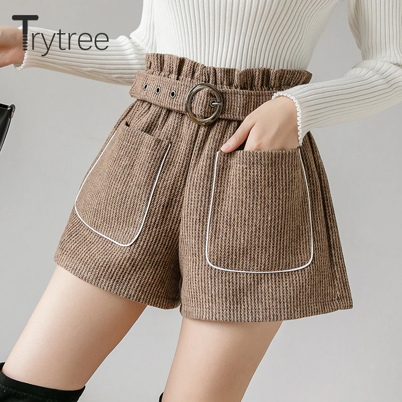 Trytree Autumn Winter woman Casual Shorts Loose Belt Pockets High waist Solid 3 Colors Fashion All-Purpose Style Short