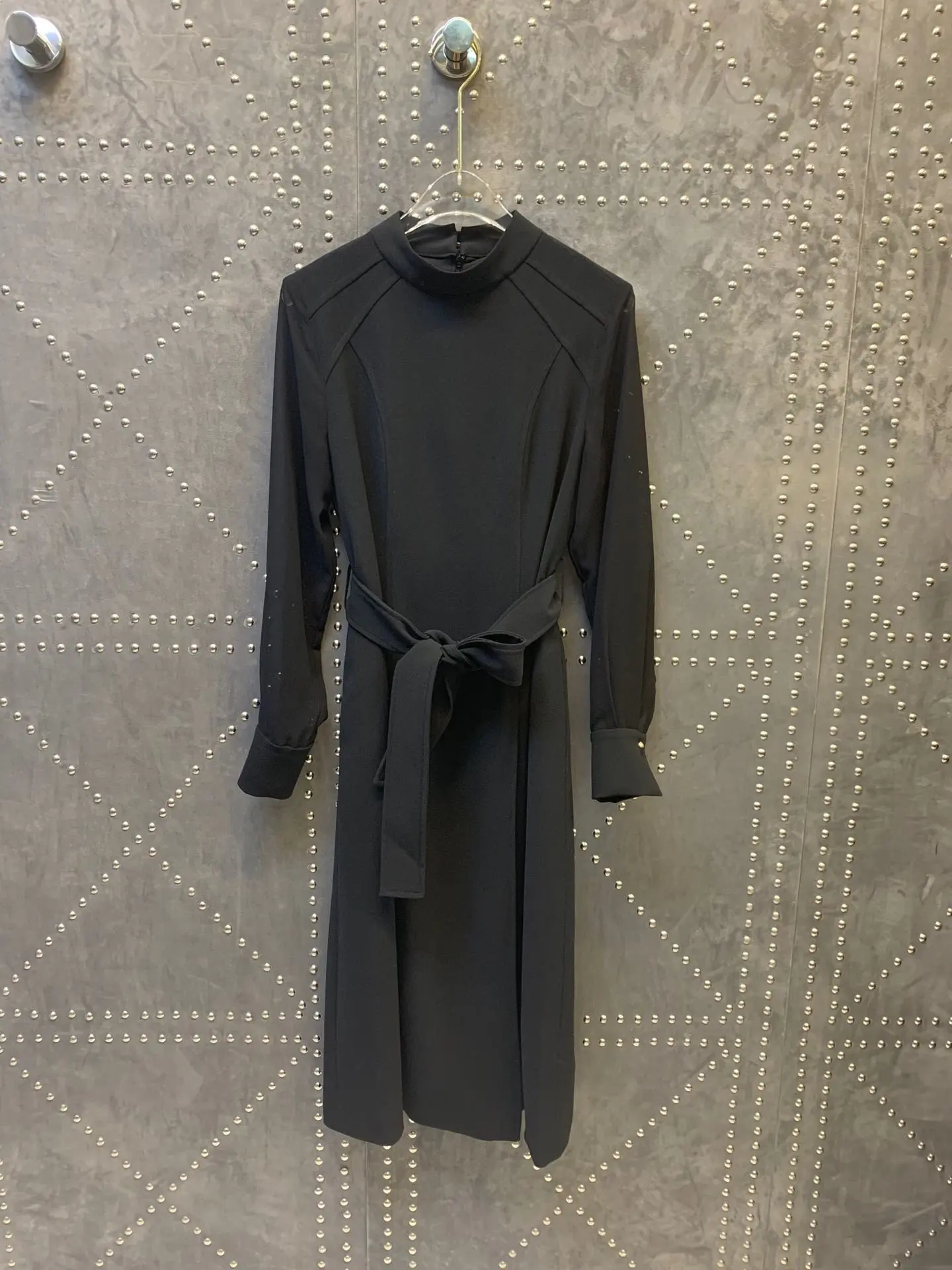 Black Новое дамское модное платье с длинным рукавом и стоячим воротником и поясом 1107 - Color: Black