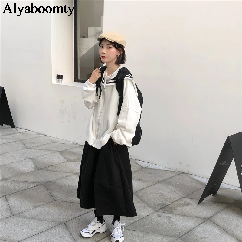Японский Harajuku для женщин уличная верхняя одежда матросский воротник негабаритных куртка на молнии пальто белый темно-синий милый Kawaii девушки пальто