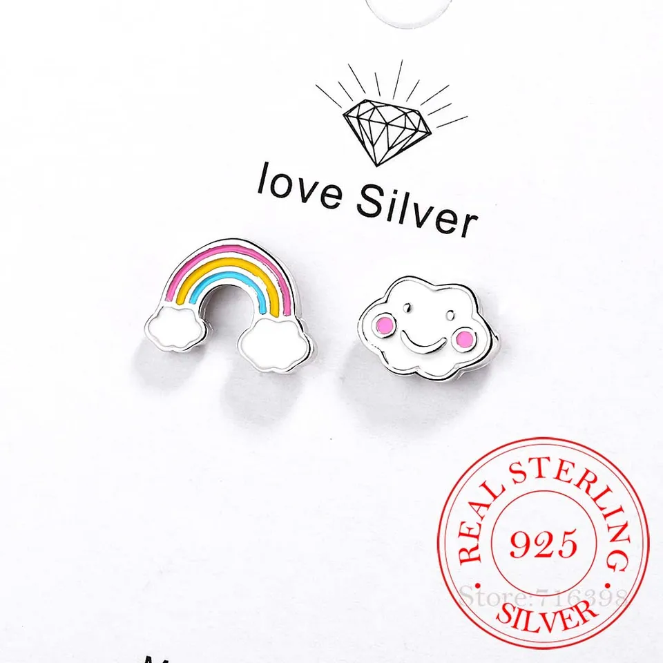 Orecchini A Perno In Argento Sterling 925 Con Arcobaleno E Nuvola - Design Coreano - Gioielli Bijoux Blu Per Donna - 5