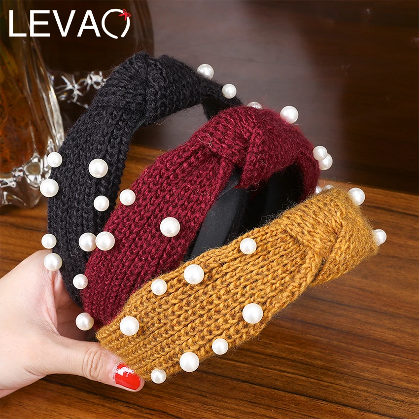 Levao Knotted Pearl Knit Hair Band for Winter Women's 6 colors Headband Fashion Hair Band Wide-brimmed Bezel Hair Accessories