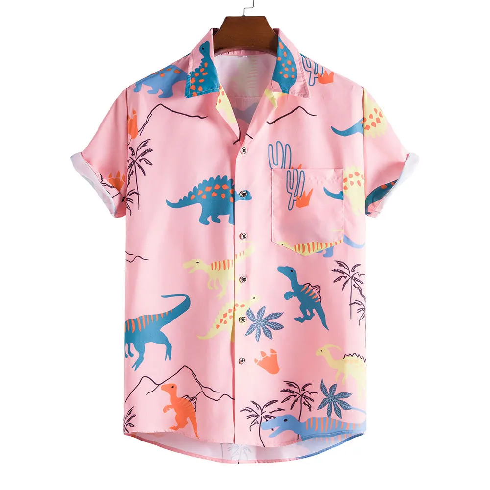Fashion summer Hawaiian Shirt Mens Funny Style Dinosaur Cartoon Printed Short Sleeve Pink Shirts Men Korean Clothes