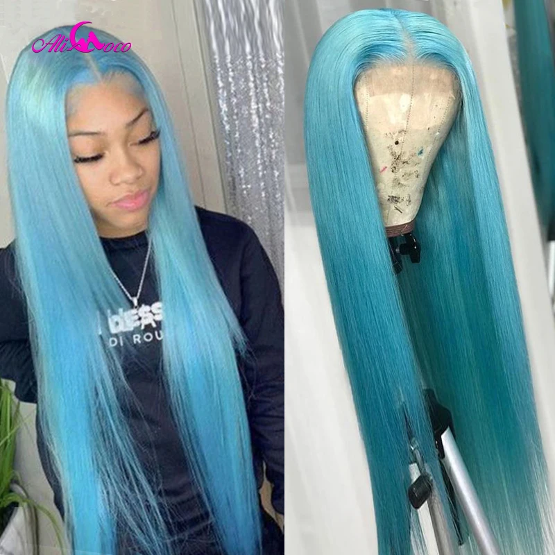 Ali Coco Colored Wigs 13X4 Straight Light Blue Lace Front Human Hair Wig Orange Straight Hair Wigs Preplucked For Black Women