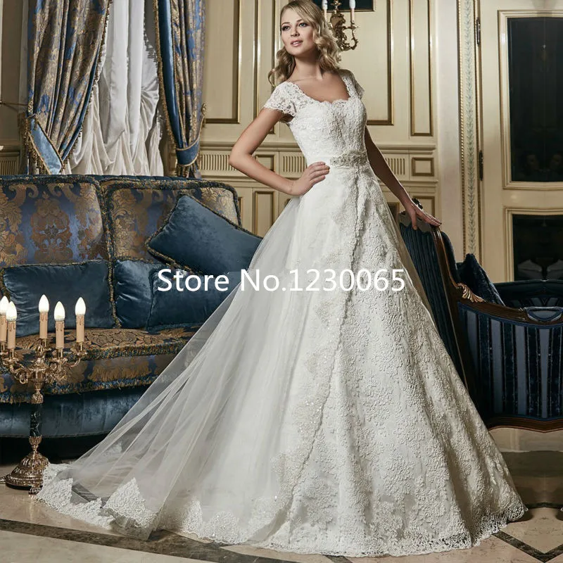 

Vestido de noiva A Line Detachable Train Wedding Dress 2016 New Arrival Beaded Applique Lace Cap Sleeve Vestidos de novia