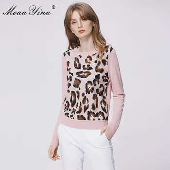 

MoaaYina Fashion Spring Autumn Long sleeve Knitting Tops Women's Elegant Leopard Print Silk Wool Sweater Pullovers