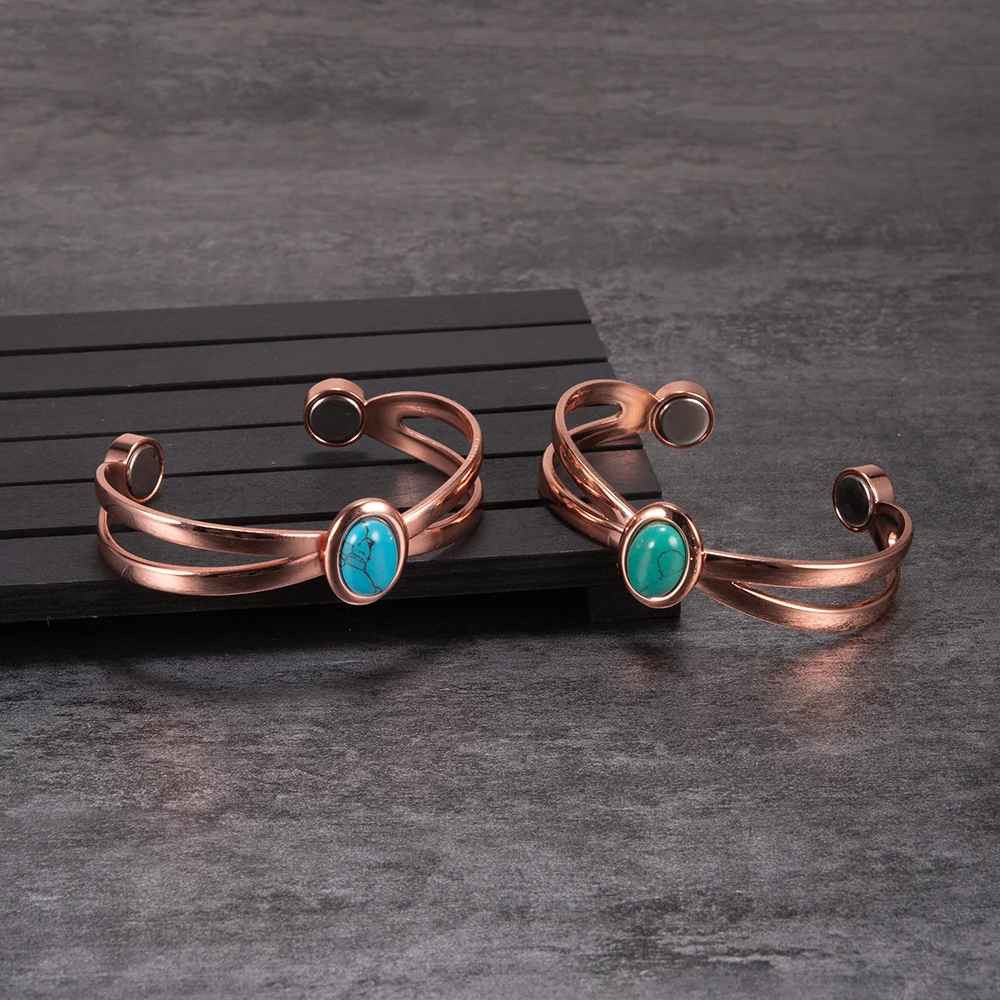 Pure Copper Bracelets for Women Blue Stone Adjustable Open Cuff Magnet Bangles Arthritis Health Energy Jewelry Femme Resizable