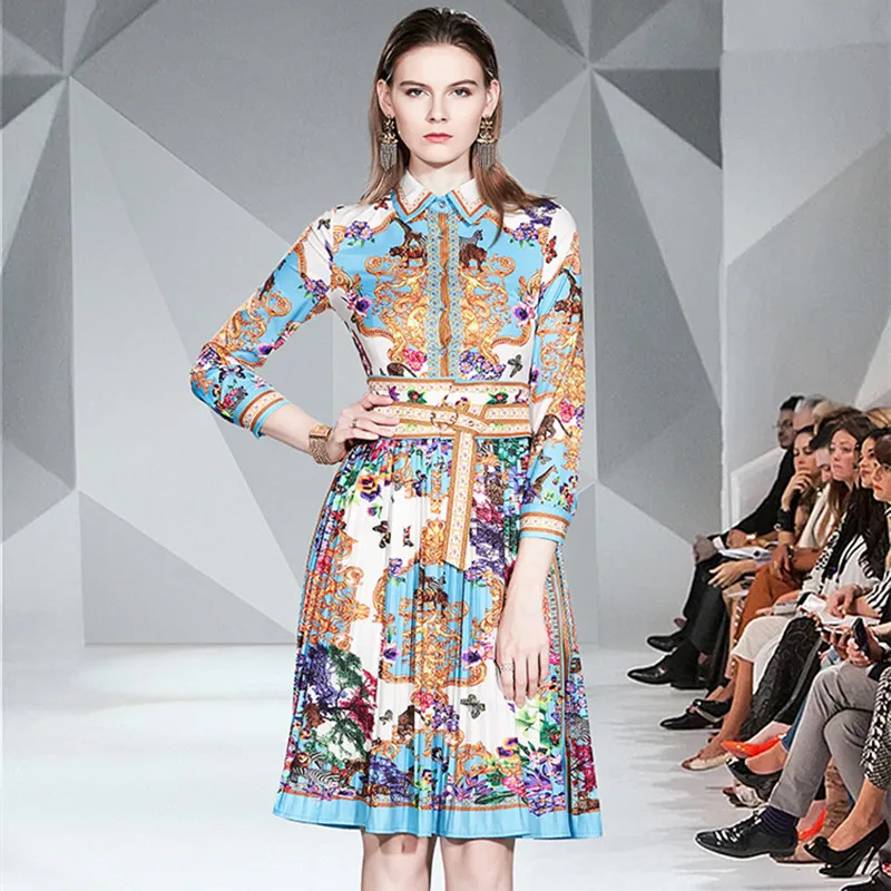 

Fashion Designer Chain Wheel Printing Court Dress 2020 Fall Women Elegant Long Sleeve Office Ladies Midi Pleated Shirt Dress