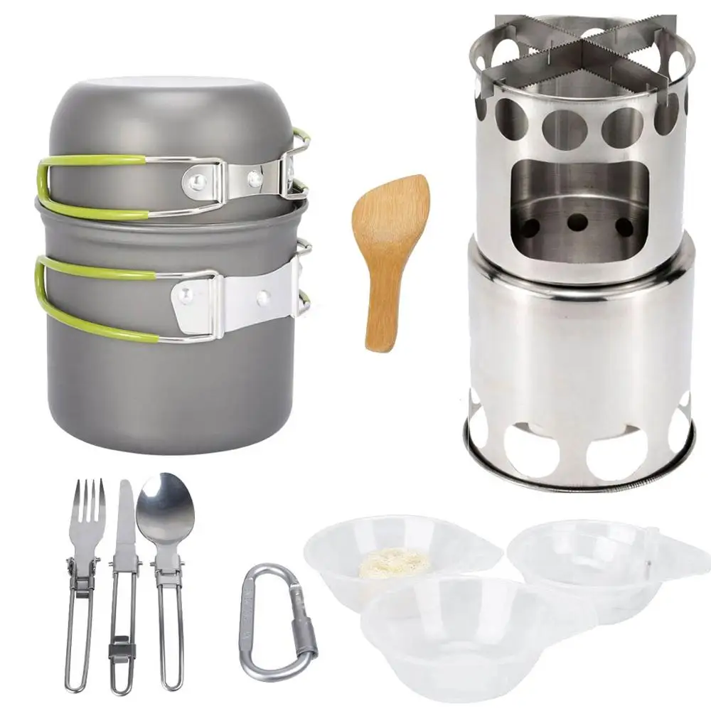 13pcs kit 10 шт. походная кухонная посуда беспорядок набор открытый портативный Нержавеющая сталь складная деревянная Плита горшок Сковорода набор чаши ложка Spork посуда - Цвет: 13pcs kit
