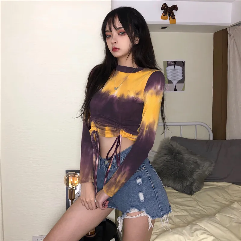 New Women's Tie-dye Top Long Sleeve Round Neck Short Lace T-shirt Slim Fit Sexy Pullover 2020 Lady Party Wear
