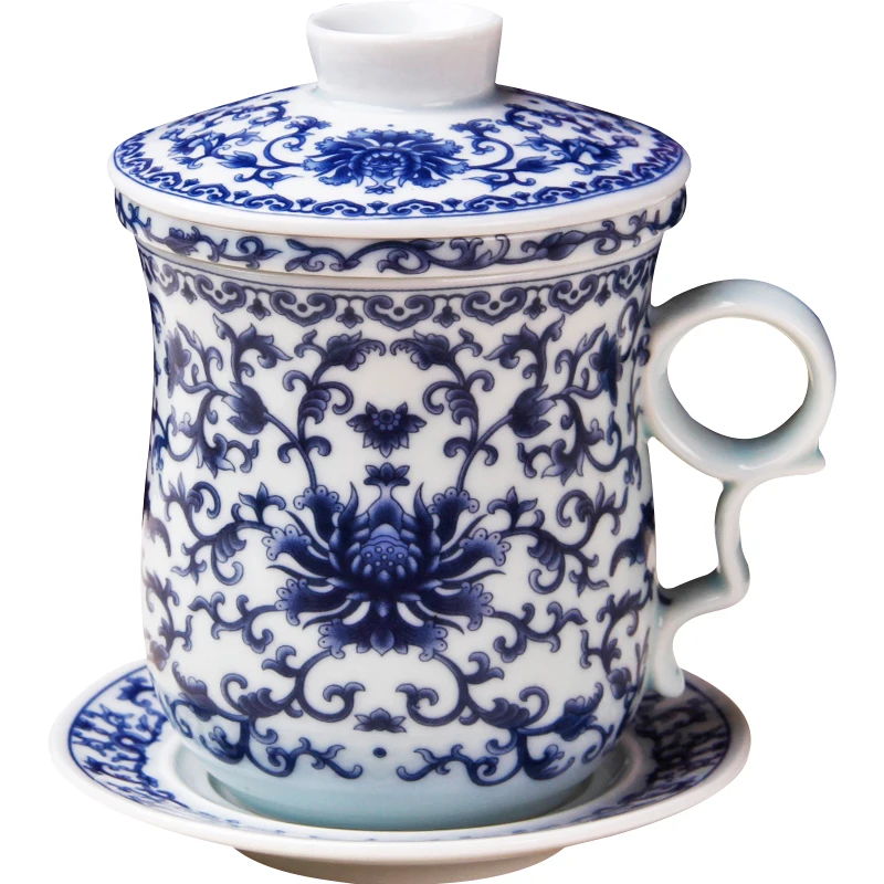 Retro Chinese Blue White Porcelain Tea Cup Set with Saucer Lid Infuser 260ml Ceramic Teacup with Tea Filter Cup Infuser coffee cup saucer set teapot cup set
