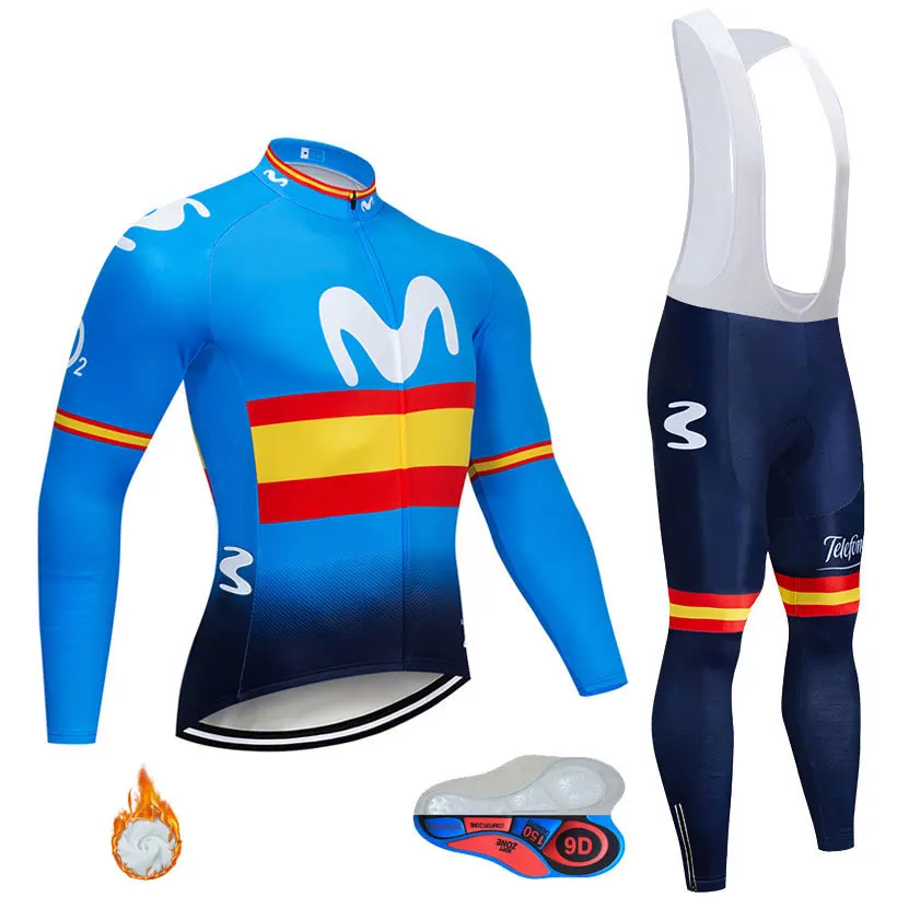 MOVISTAR TEAM велосипедная куртка 9D набор велосипедных штанов Ropa Ciclismo мужская зимняя теплая флисовая pro трикотаж для велосипедистов одежда - Цвет: blue fleece