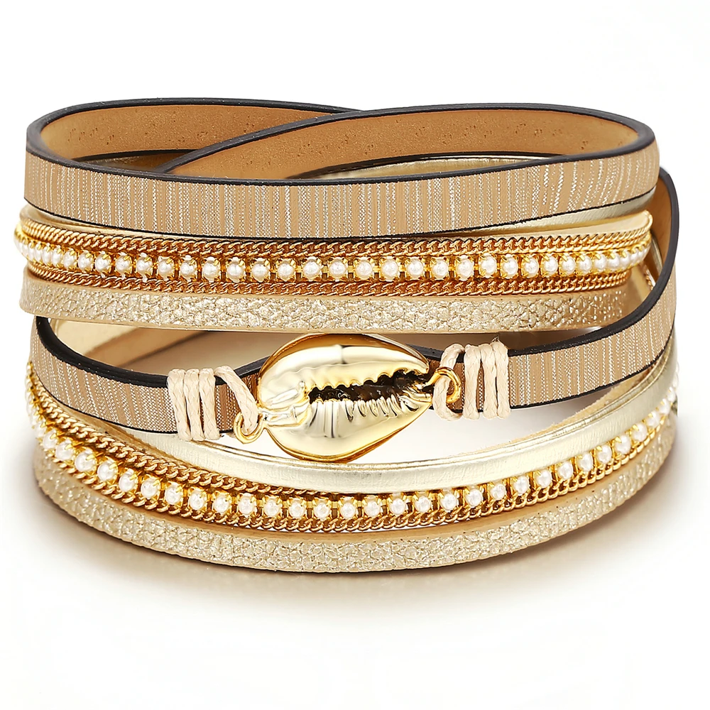 

Boho Adjustable Multiple Layer Bracelets Bangles For Women Yellow Shell Artificial Leather Metal Fashion Bracelet Jewelry