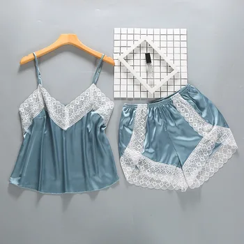 

Female Lace Patchwork Pajamas Suit Sleep Set Sexy 2PCS Nightwear Negligee Lougne Strap Top&Shorts Sleepwear Soft Home Wear