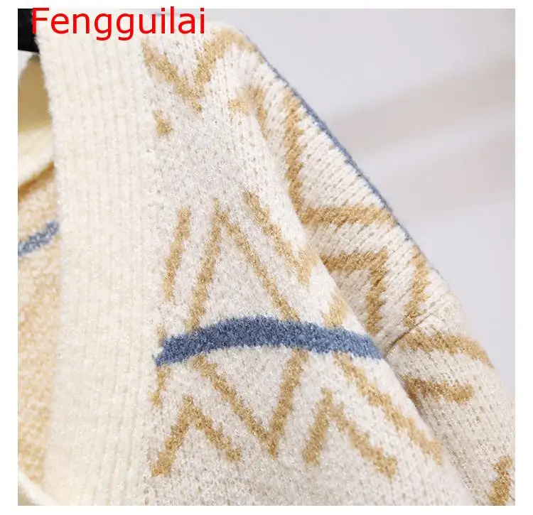 Fengguilai, повседневный женский свитер, кардиганы, на пуговицах, негабаритный, вязаный джемпер, кардиганы, Vneck, геометрический рисунок, длинное пончо, вязаная куртка