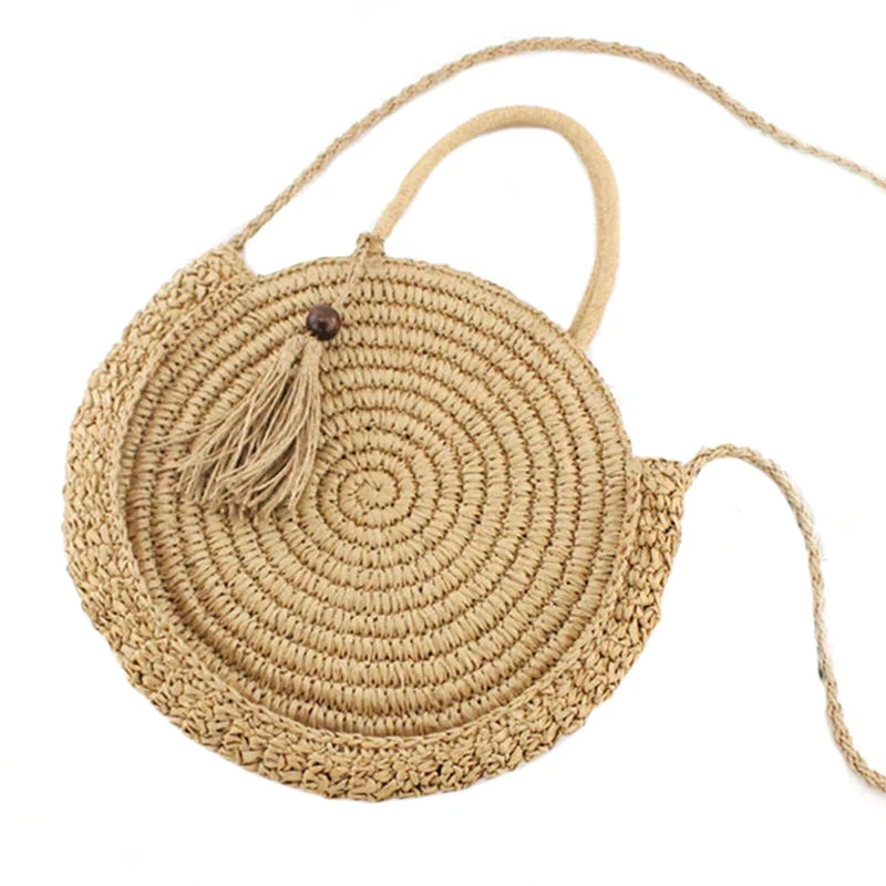 

ABZC-Round Fringed Straw Bag Shoulder Versatile Casual Handbags Paper Rope Woven Bag Beach Bag(Brown)