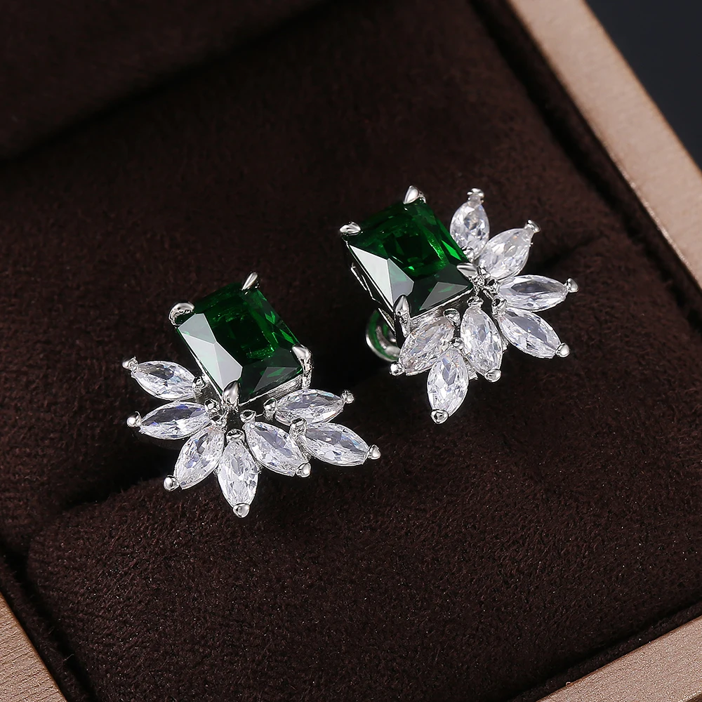 Huitan Luxury Square with Marquise CZ Stone Women Stud Earrings for Party 3 Colors Delicate Gift Dazzling Lady’s Wedding Jewelry