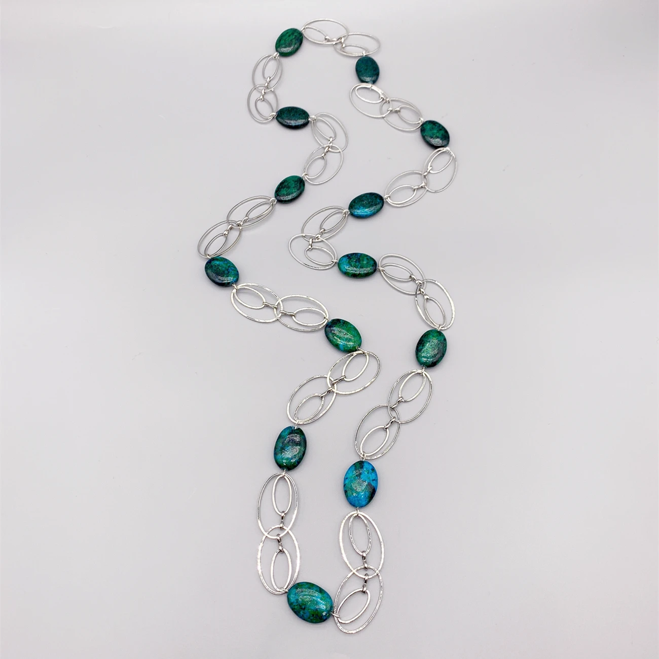 FoLisaUnique Silver Oval Loop Chains Green Azurite Long Necklace For Women Trendy Jewelry