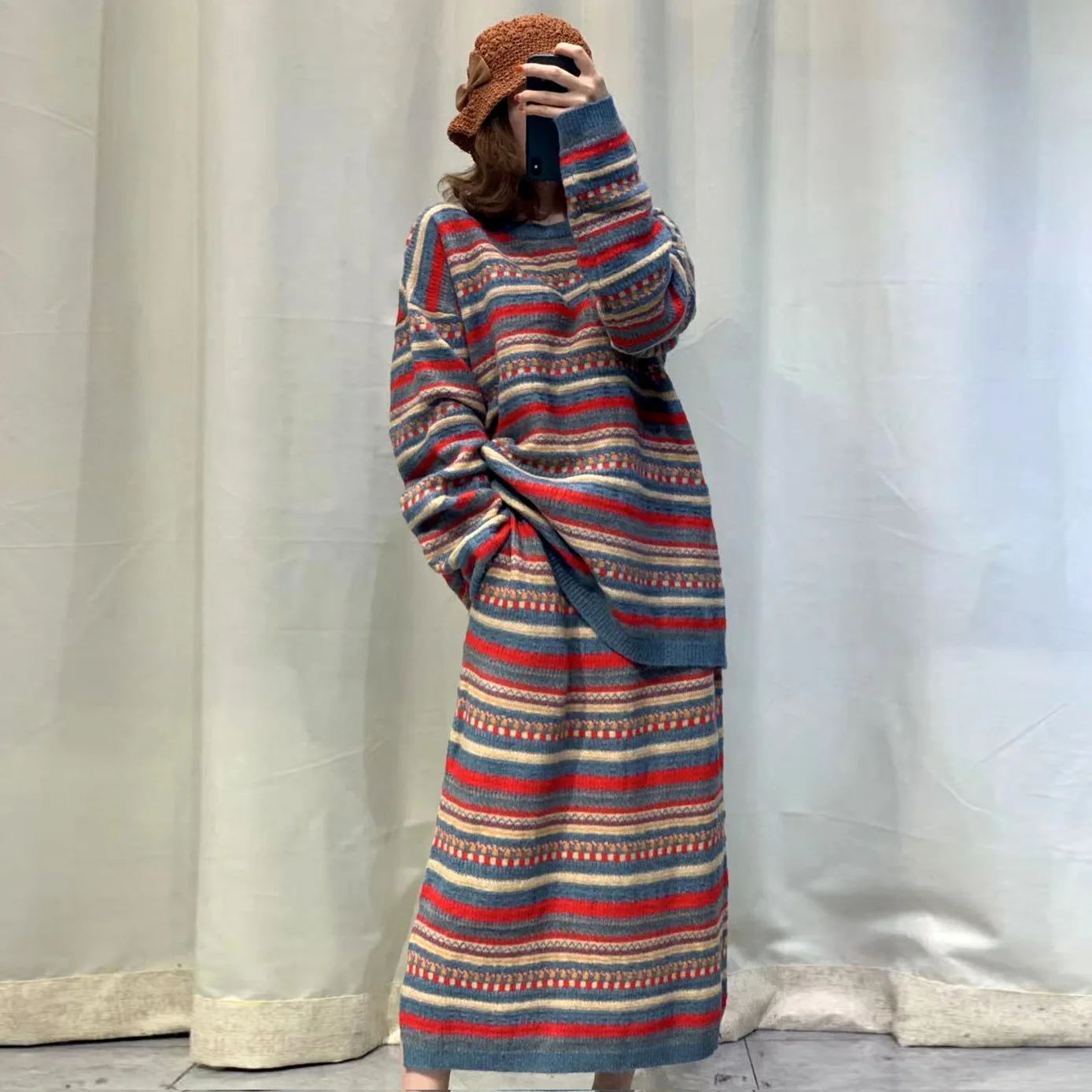 

Women Loose Striped Knitted Tops+Skirts Suits Ladies Vintage Stripe Sets Female 2019 Autumn Spring Knitwear