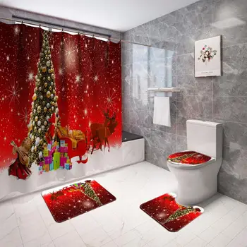 

4PCS Christmas Bathroom Mat Sets With Shower Curtain Bathroom Mats And Rugs Set Non Slip Mat Toilet Seat Covers Xmas Decorations