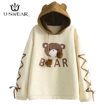 

Women Kawaii Bear Print Ear Hoodie Sweatshirt Women Girls Teens Ribbon Long Sleeve Tops Pullover Coat Jumper Hoodie Dress