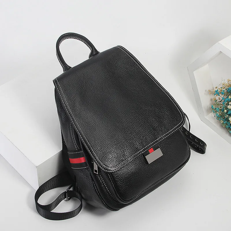 

P-F bag Women Simple Casual Genuine Leather Backpacks Teenage Girls Zipper Shoulder Bags Travel School Rucksack Black packbag
