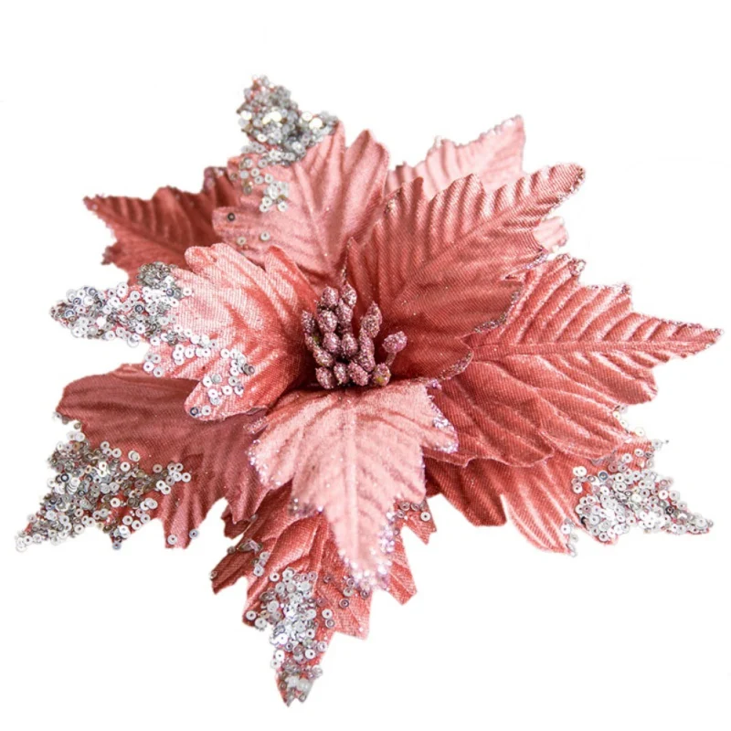 Искусственные Рождественские Цветы 25 см, блестящие украшения для рождественской елки, вечерние украшения, искусственные цветы - Цвет: Розовый