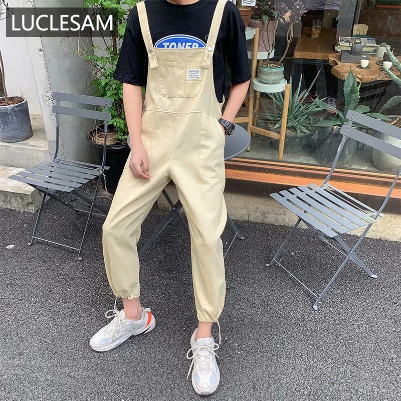

Solid Color Mens Jumpsuit Streetwear Regular Fit Bib Pants 2020 Casual Suspender Fashion Trousers Nine Points Cargo Overalls Men
