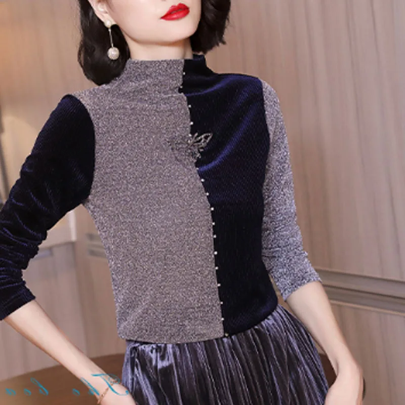 

Europe And America Stripes Gold Velvet Tops 2020 Spring New Style Half-Turtle-Neck Slim Fit Base Shirt Contrast Color Long-sleev