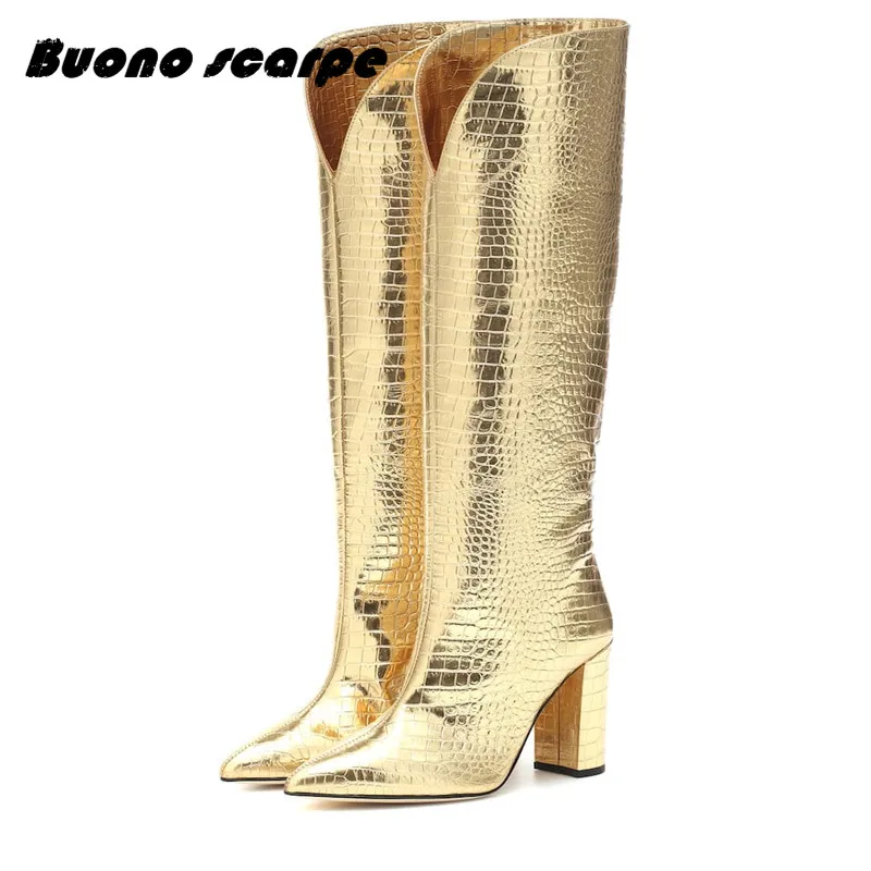 2020 New High Quality Women Knee Boots Slip Heels Long Pointed Toe Bootie Crocodile Pattern Female Fashion | Обувь