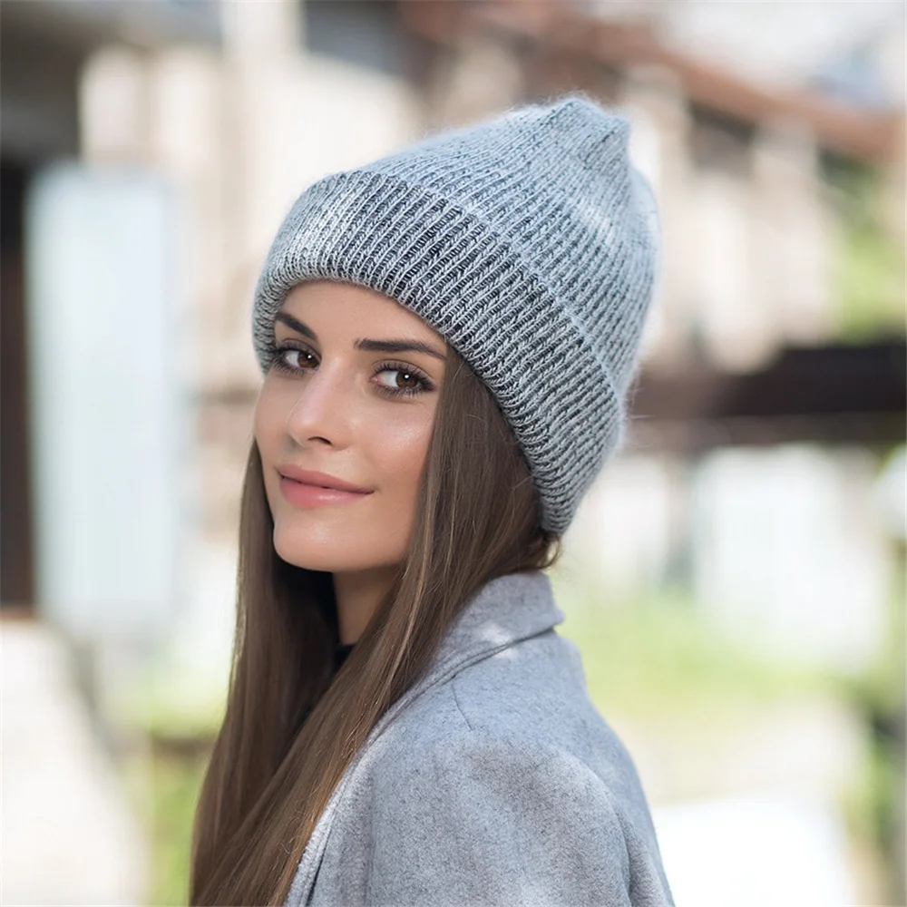 

New Angora Rabbit Fur Knitting Simple Rabbit Fur Beanie Hat Women Winter Skullies Warm Gravity Falls Cap Gorros Female Cap