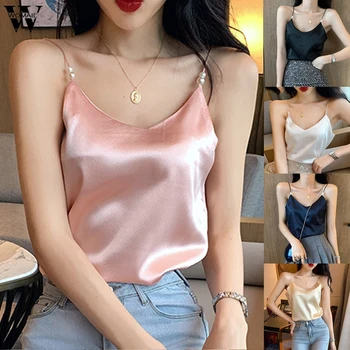 

Womail Camis Spaghetti Strap Top Women sexy V Neck Pink Cami Sleeveless Satin Silk Tank Tops Women's Summer 2020 Pearl Camisole