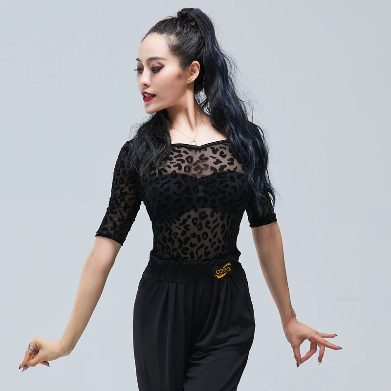 

Women Latin Dance Shirt Sexy Leopard Mesh Half-Sleeve Samba Rumba Practice Wear Performance Competition Costumes Outfits YS1354