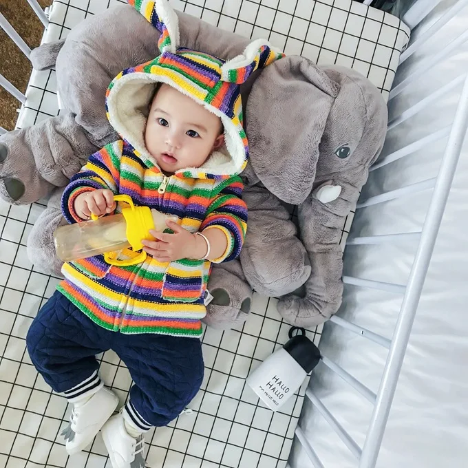 Mini Babe City Clothes for Babies Color Stripes Hooded Kids' Overcoat Long Sleeve plus Velvet Cardigan Winter Baby out Clothes
