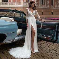 Beach Muslim Wedding Dresses A-line V-neck 3/4 Sleeves Chiffon Lace Backless Boho Wedding Gown Bridal Dress Vestido De Noiva