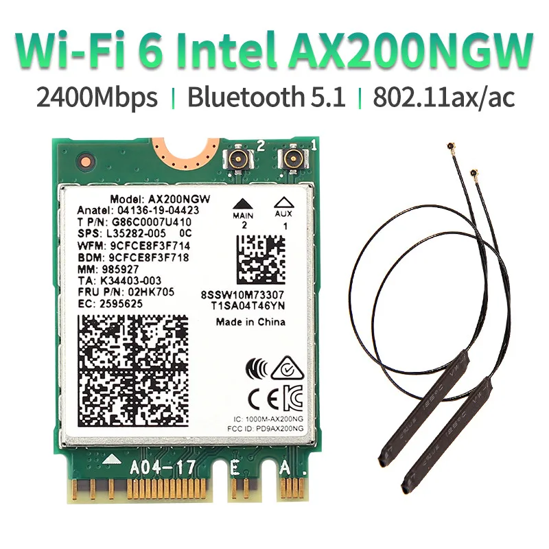 Wi-fi 6 802.11axデュアルバンド,intel ax200 ngff m.2キーeワイヤレスカード,ax200ngw MU-MIMO  2.4g/5ghz,2400mbps,bt 5.1,アンテナ付き